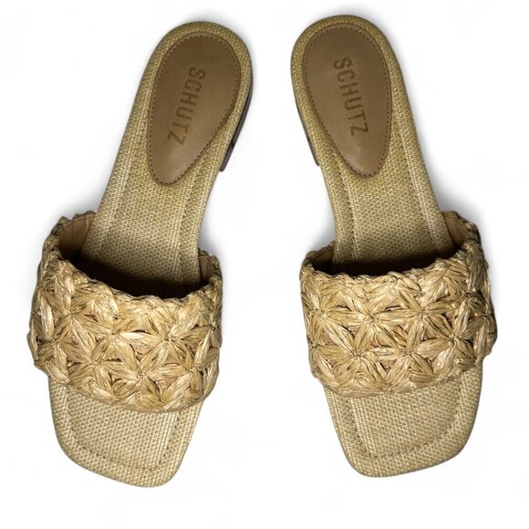 Schutz Women's Ayla Flat Straw Sandal Sz 6.5 B Nude NEW IN BOX - Picture 2 of 10